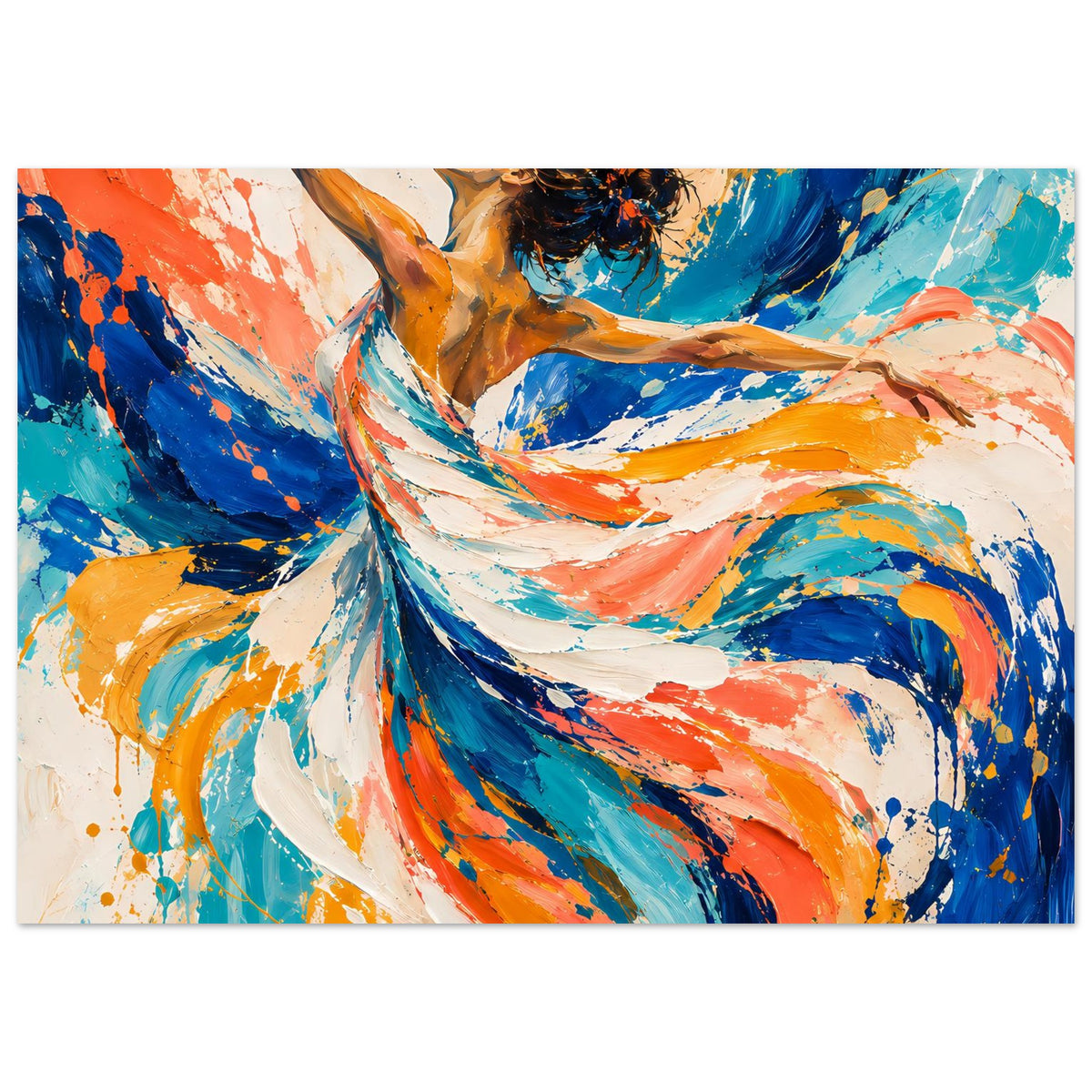 Kunstposter im Querformat, Tänzerin mit wehenden Pinselstrichen in Blau, Orange und Weiß.