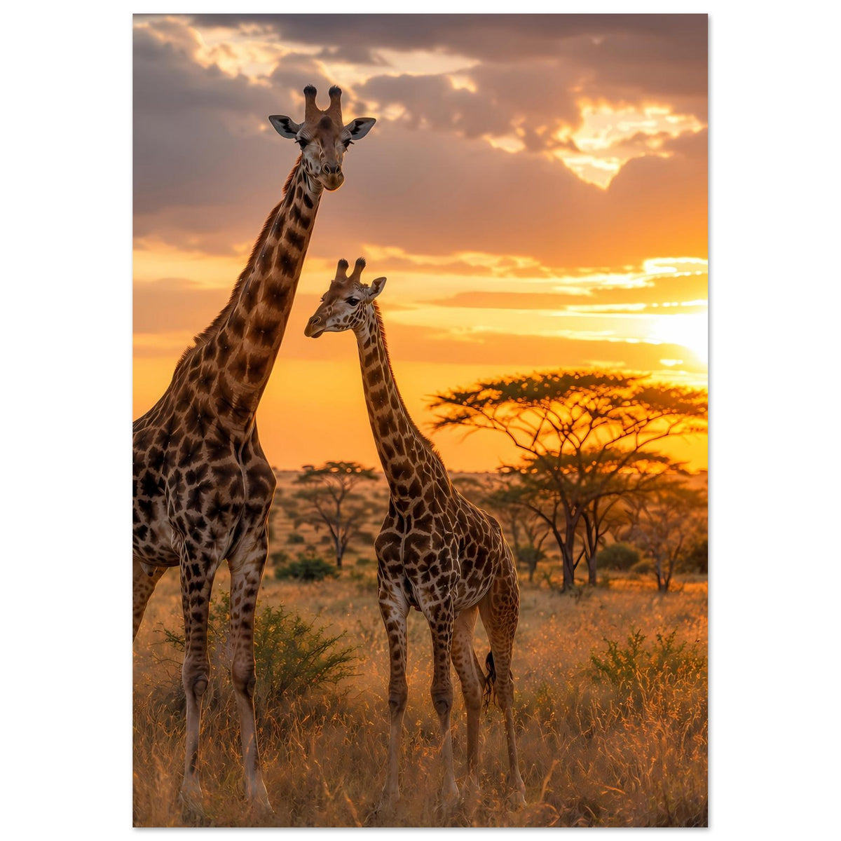 Poster mit Giraffen nebeneinander, warmes Abendlicht und ruhiger Horizont