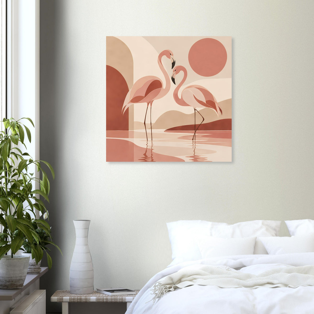 Quadratisches Naturposter mit zwei Flamingos, stilisiertem Sonnenuntergang und ruhiger Spiegelung