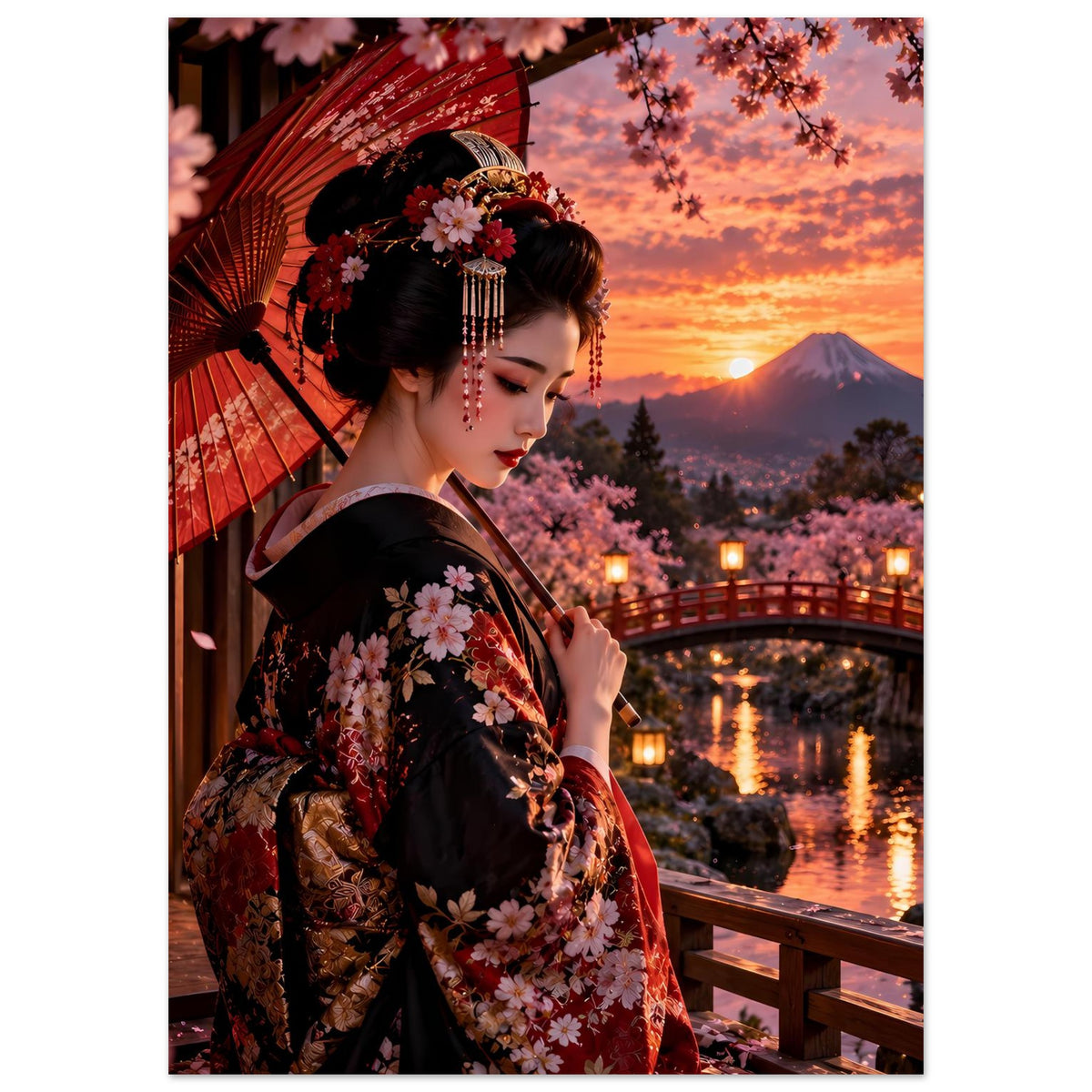 Poster mit japanischer Frau im schwarzen Kimono mit Kirschblüten, Blick nach unten