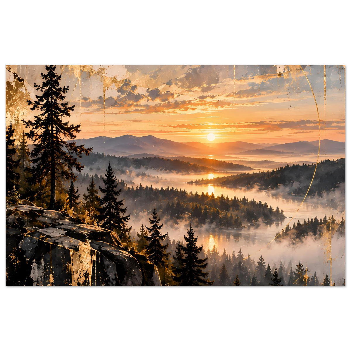 Landschaftsposter im Querformat: goldener Sonnenuntergang über bewaldeten Tälern