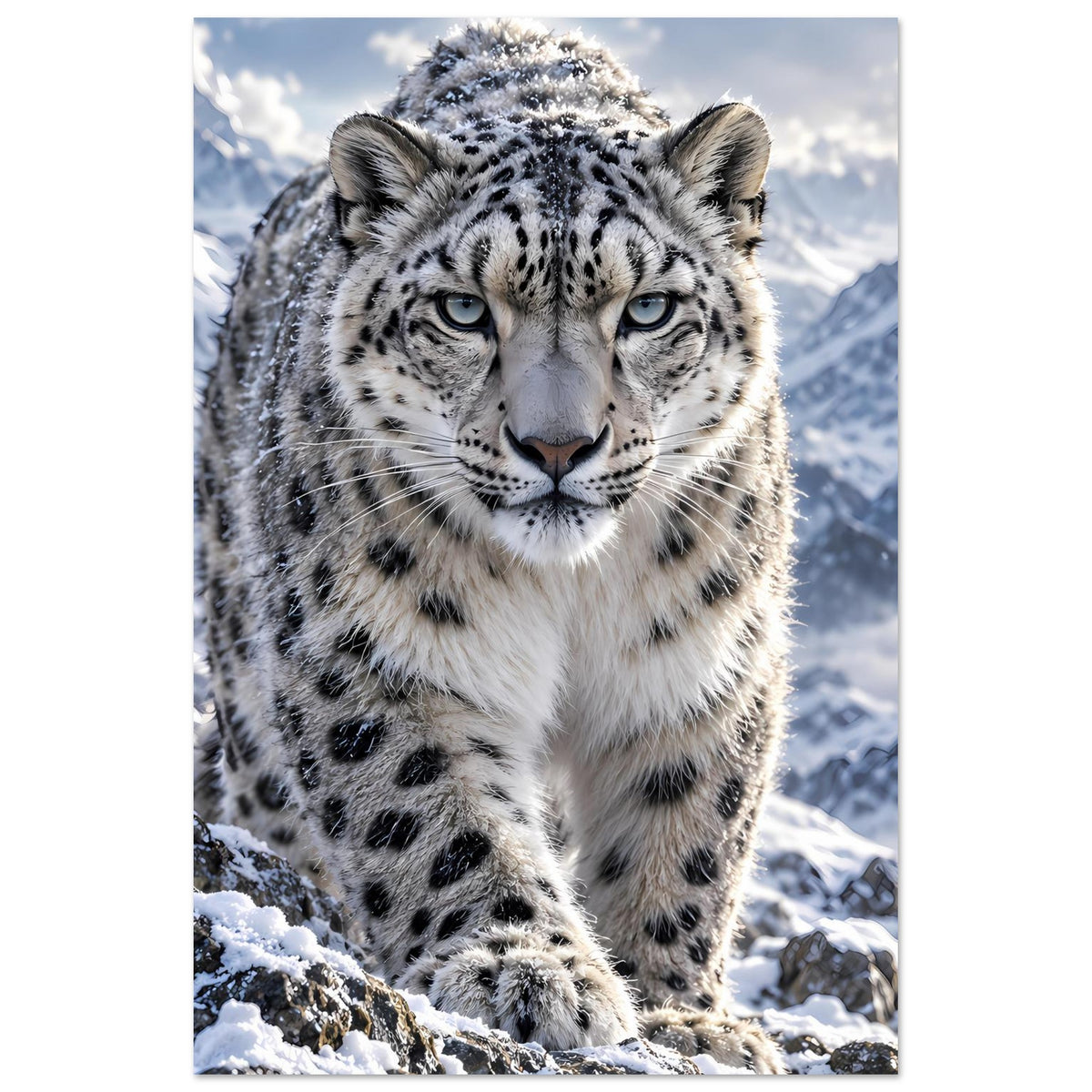 Poster mit Schneeleopard im Schnee, nahes Motiv mit Blick nach vorn