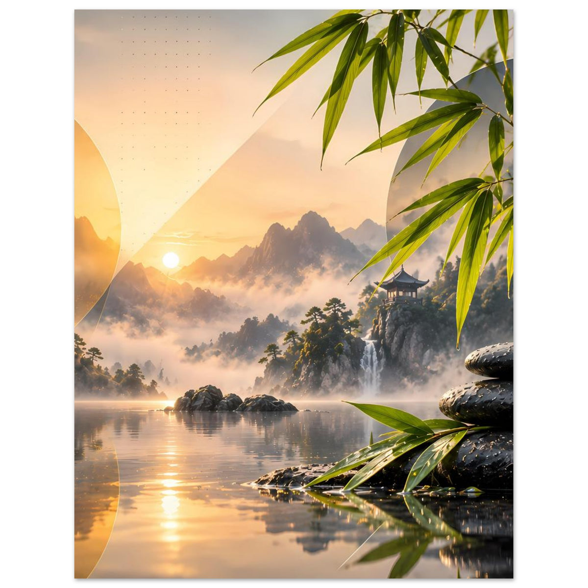 Zen-Bergsee-Poster, vertikal: Bambuszweige oben rechts, reflektierendes Wasser und gestapelte Steine