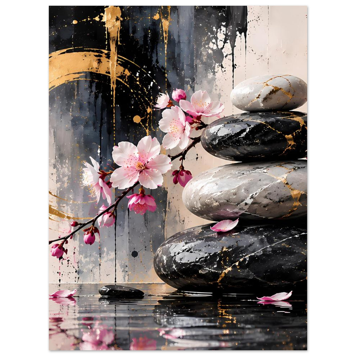Zen-Poster mit Kirschblüten, goldenen Sprenkeln und schwarzen/weißen Massage-Steinen