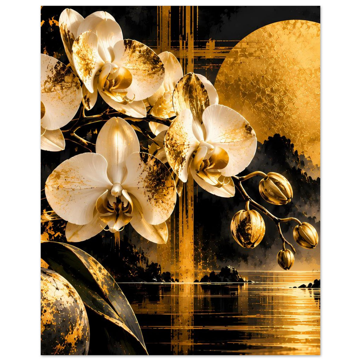 Orchideenposter im Detail: weiße Orchideen, goldene Körnung, Mondsichel und Reflexe