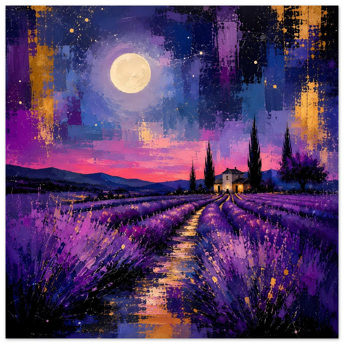 Poster: Weg durch Lavendelreihen, Vollmond über Landschaft, warme Lichter am Haus, Zypressen