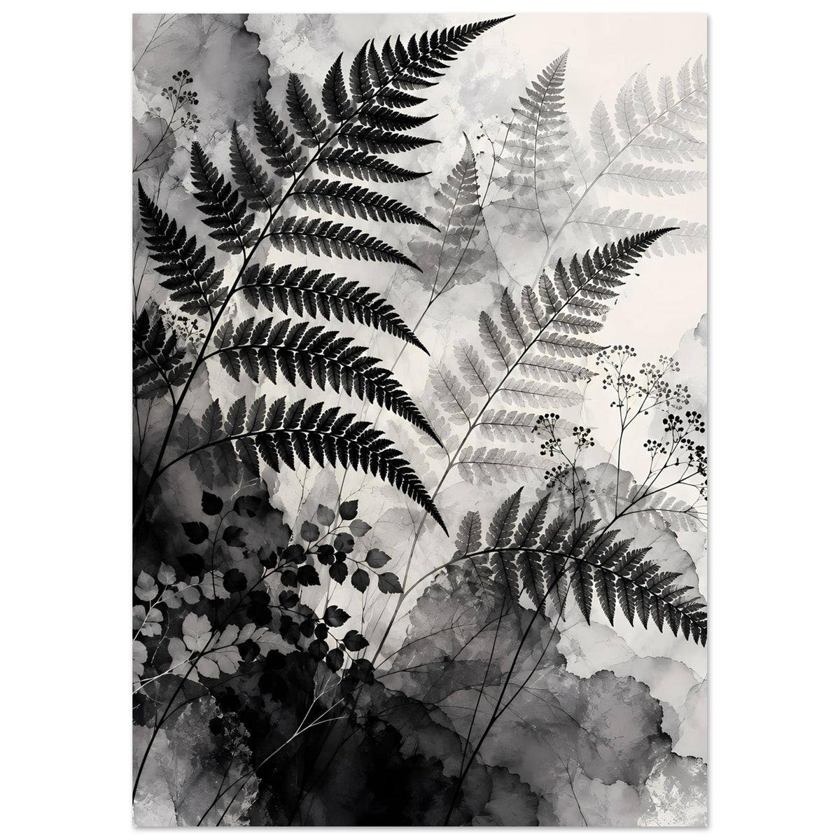 Botanisches Kunstposter (hochkant) mit Farnwedeln und Blütenzweigen in Grau-Schwarz und Weiß.
