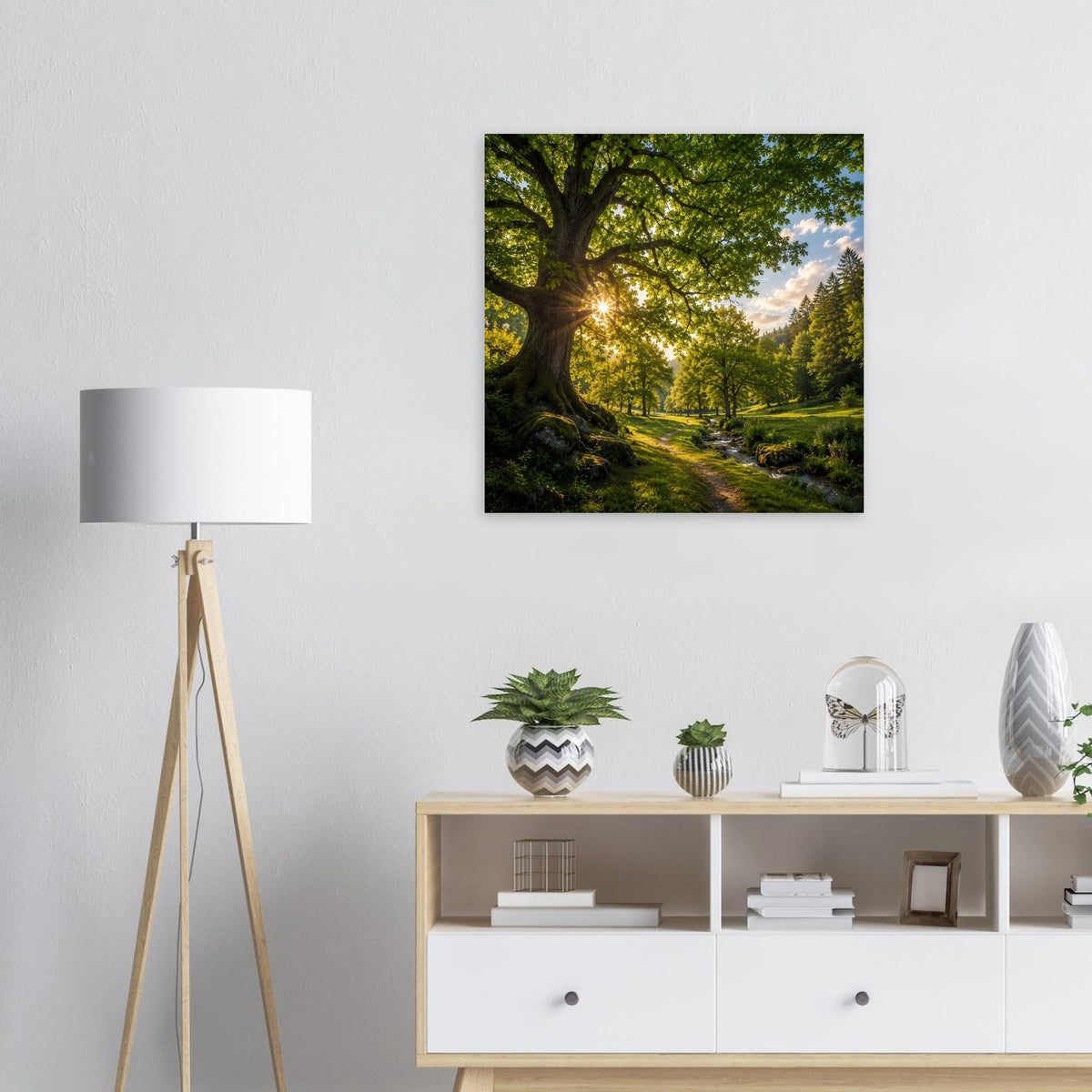 Waldlandschafts-Poster mit Sonnenstrahlen im Park, quadratisch, in schwarzem Rahmen