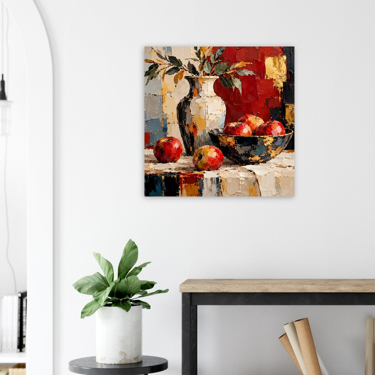 Gerahmtes Kunstposter mit Vase und Schüssel voller roter Kugeln, kräftige Rottöne und Erdfarben