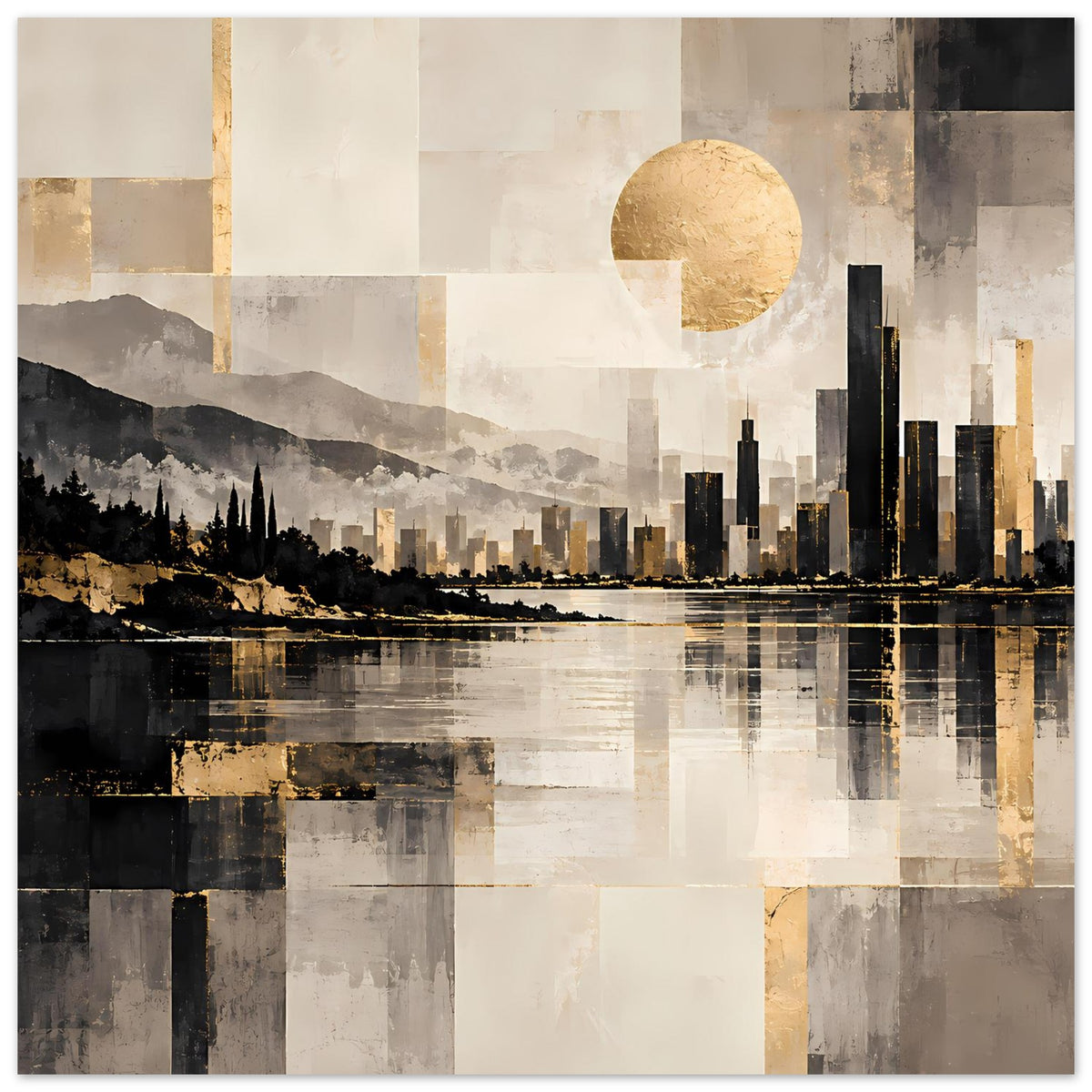 Stadtlandschaftsposter: gold-schimmernde Skyline, Berge, dunkler Vordergrund und Reflexion