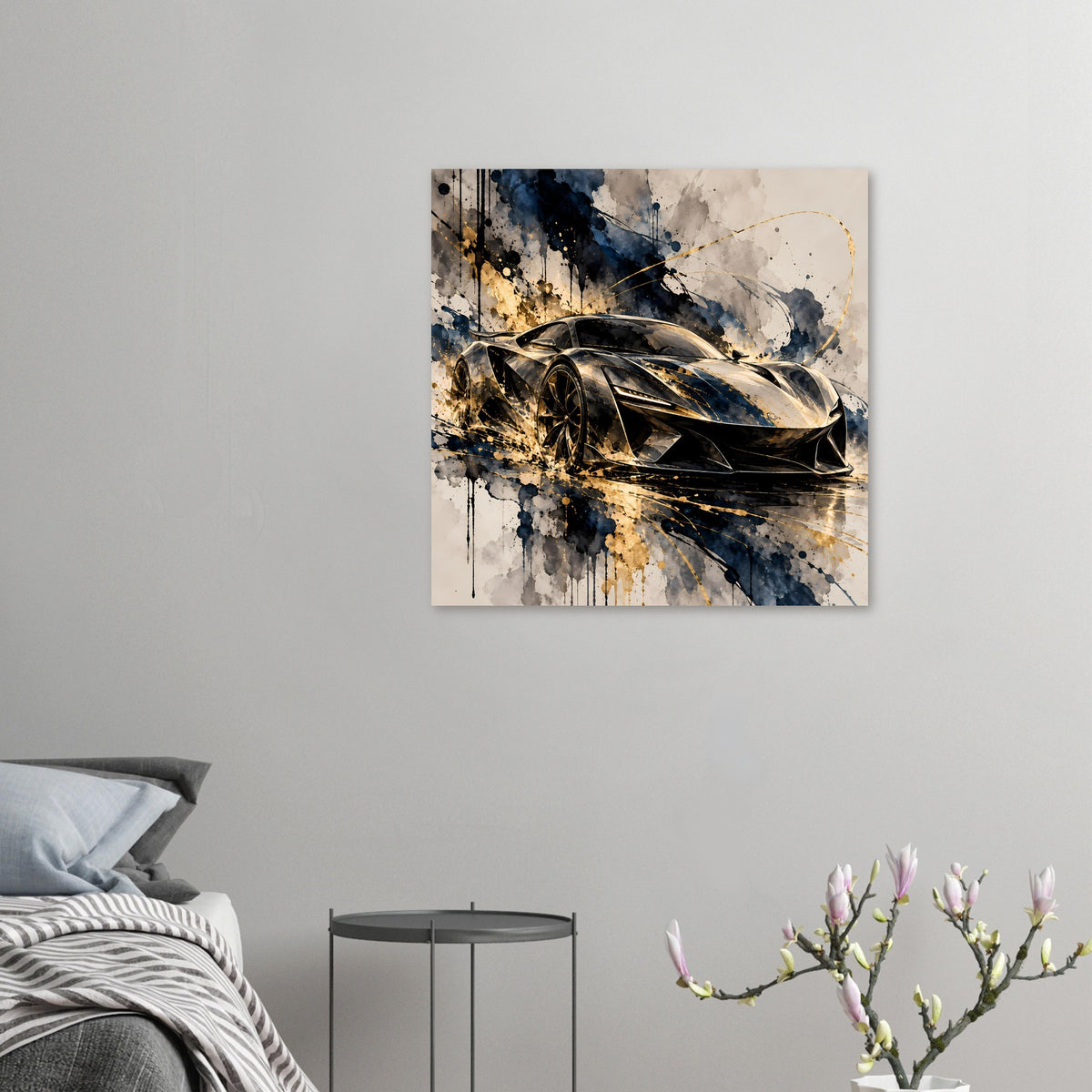 Kleines Poster im Querformat: schwarzer Supersportwagen mit goldenen Details und Farbspritzern