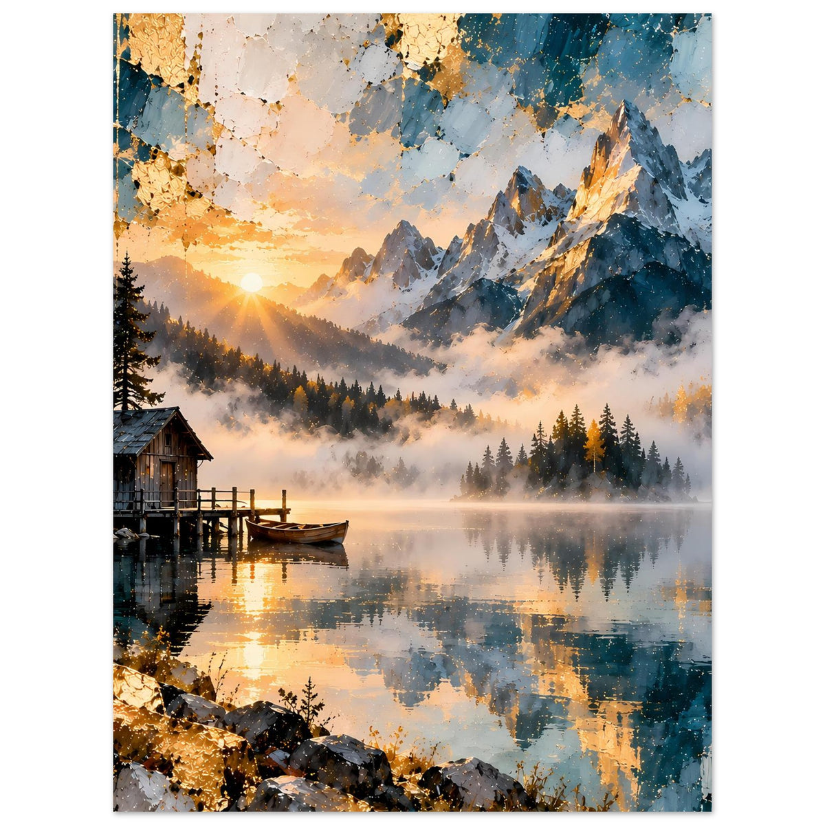Wandposter mit Bergsee-Szene, goldener Sonne, Nebel im Tal, Holzsteg und Seespiegel