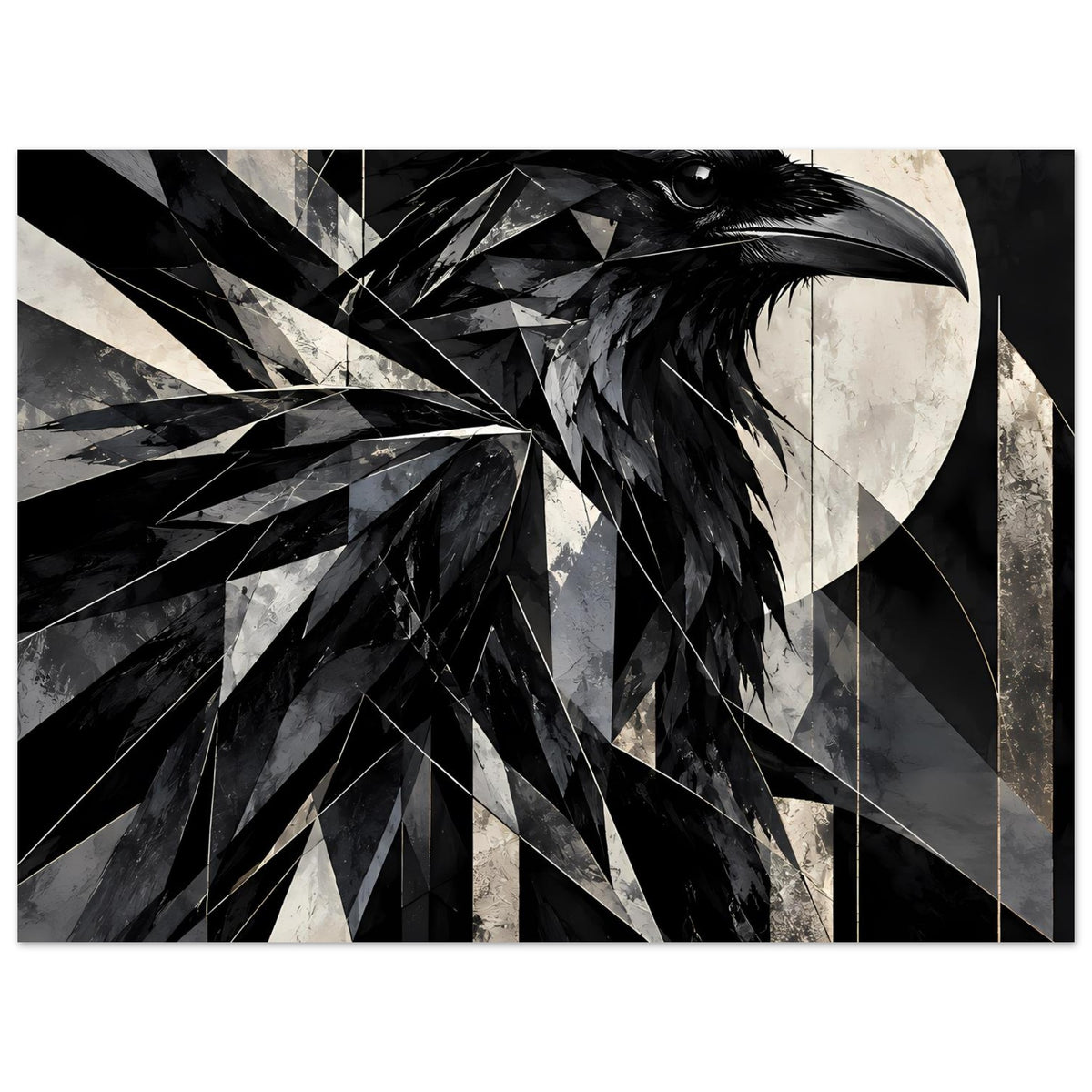 Kunstposter mit großem Rabenkopf, grafische Dreiecke und Linien in Schwarz-Weiß
