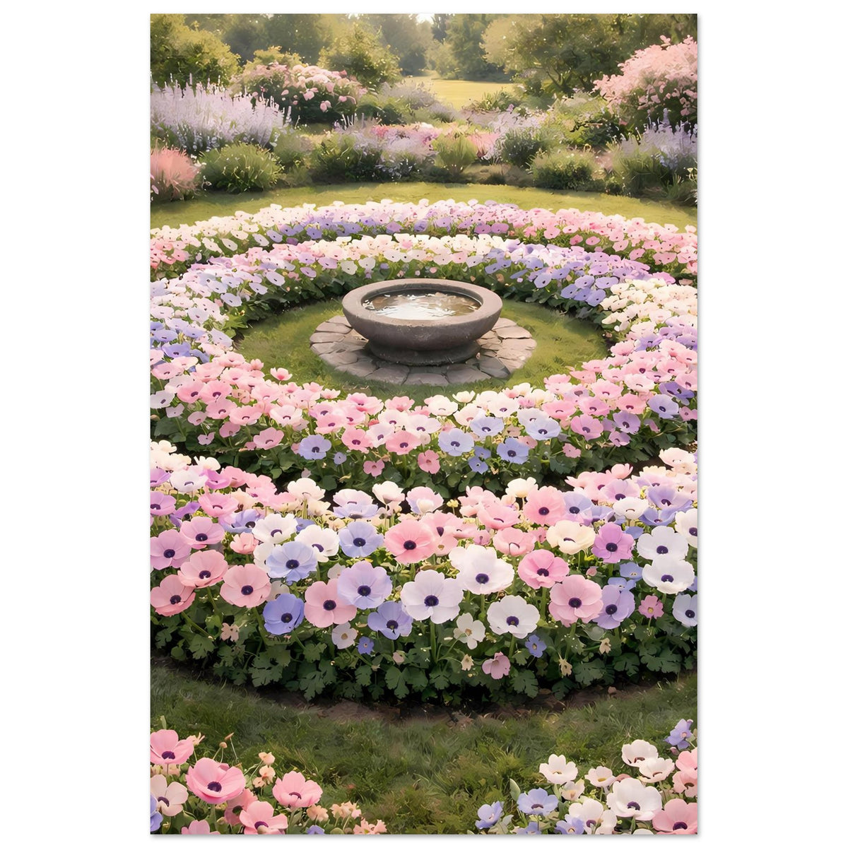 Hochformat-Poster: pastellfarbene Blütenkreise mit Schale in der Mitte