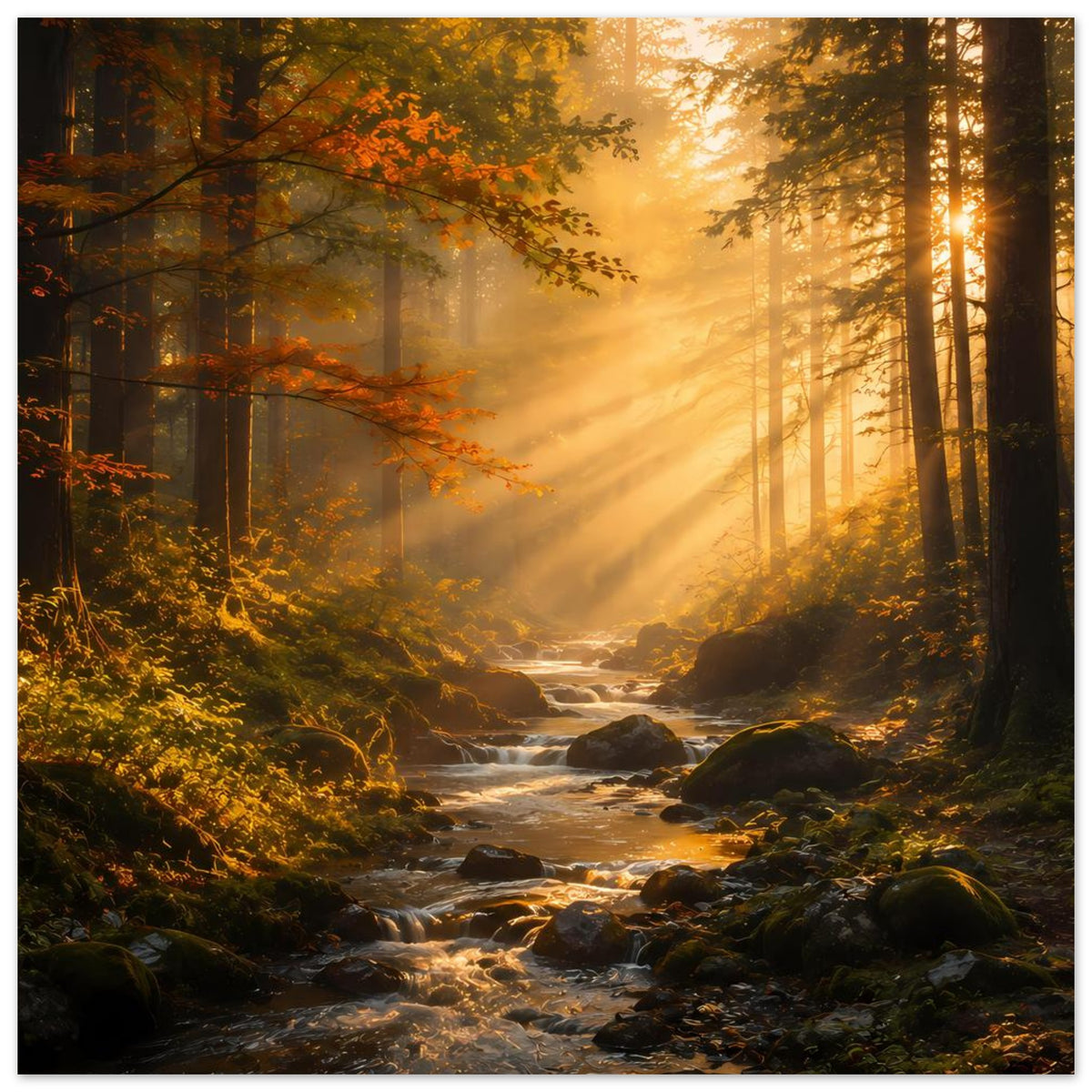 Wandposter Wald mit Bach im Vordergrund, goldene Sonnenstrahlen durch neblige Baumreihen