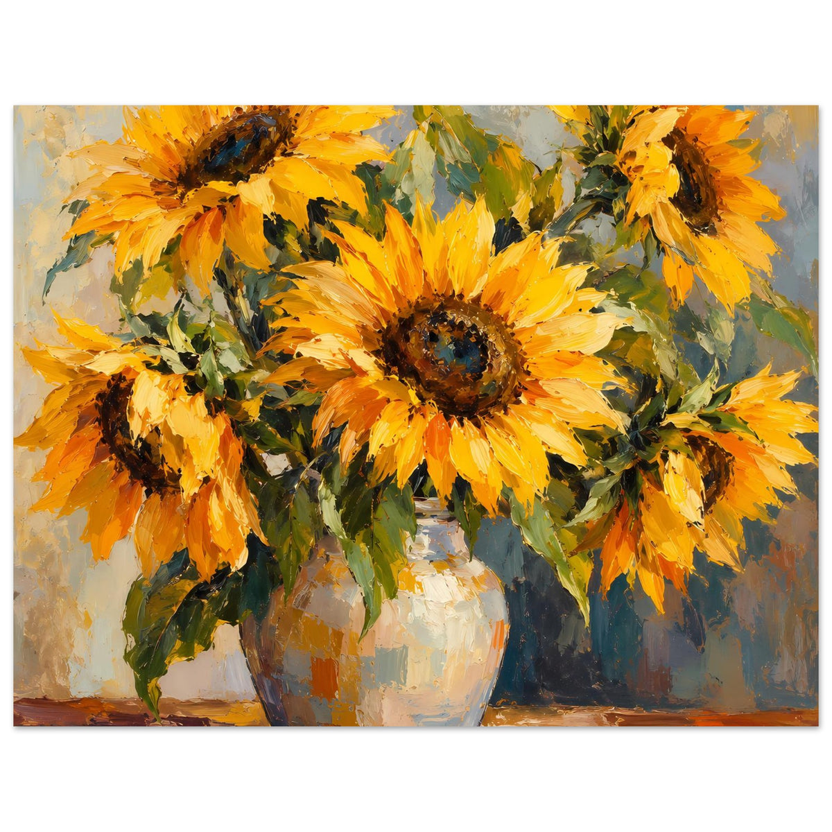 Sonnenblumen Still-Life Poster mit gelben Blüten in weißer Vase, matte Premium-Papieroptik