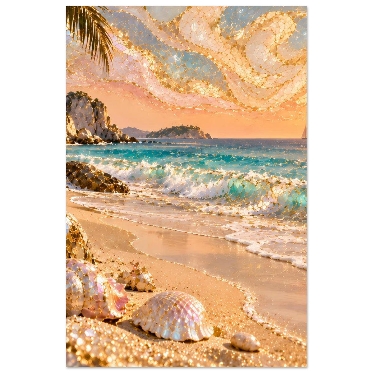 Vertikales Poster: Sandstrand bei Sonnenuntergang mit schimmernden Muscheln und goldenen Akzenten.