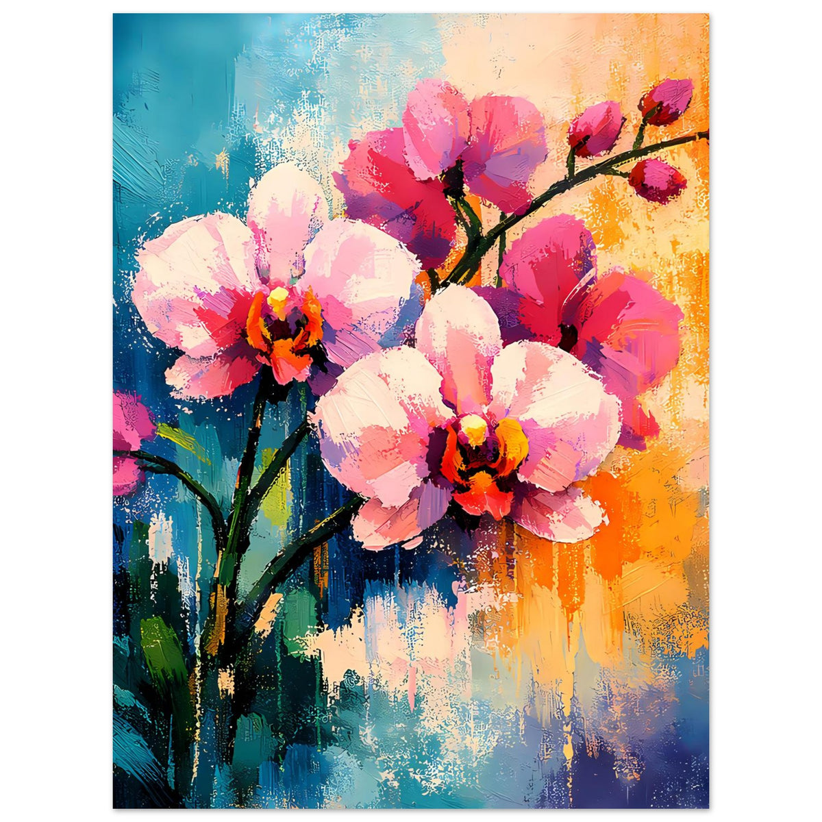 Blumenposter mit rosa, weißen und pinken Blüten an dunklem Ast auf buntem Hintergrund