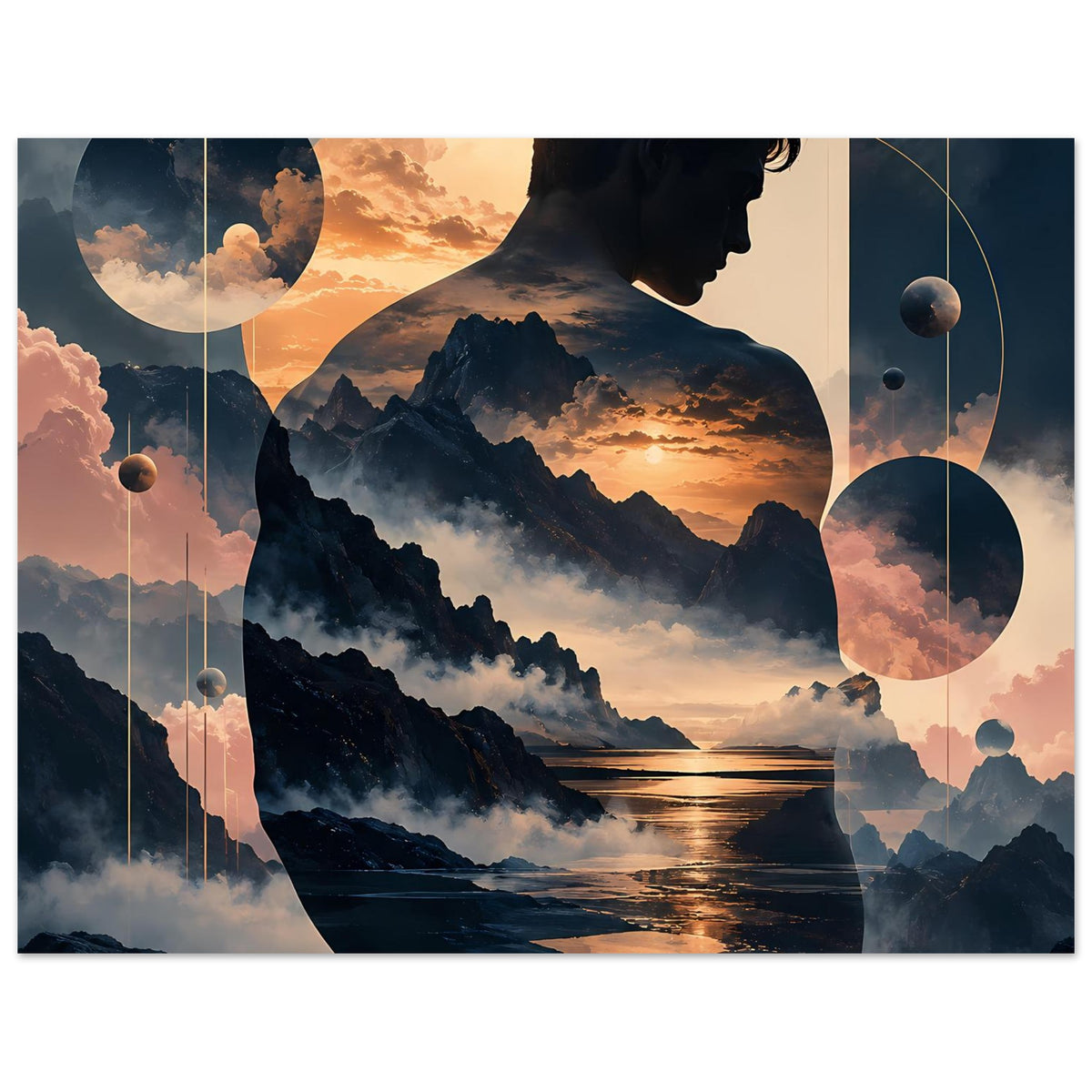 Surreales Poster mit Berglandschaft, Abendsonne über Wasser und Profil-Silhouette mit Kreisen