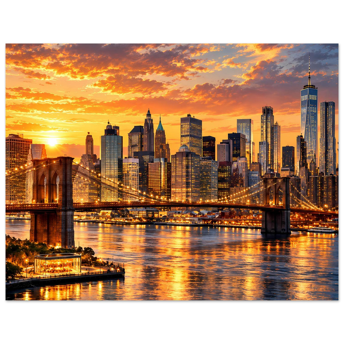 Stadtpanorama-Poster mit Skyline bei orangefarbenem Sonnenuntergang, horizontal.