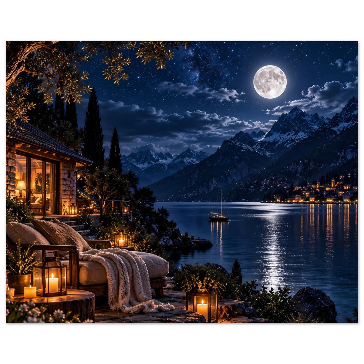 Poster: Mond über ruhigem Bergsee, Steg mit Boot, Uferhaus mit Lichtern und Decke