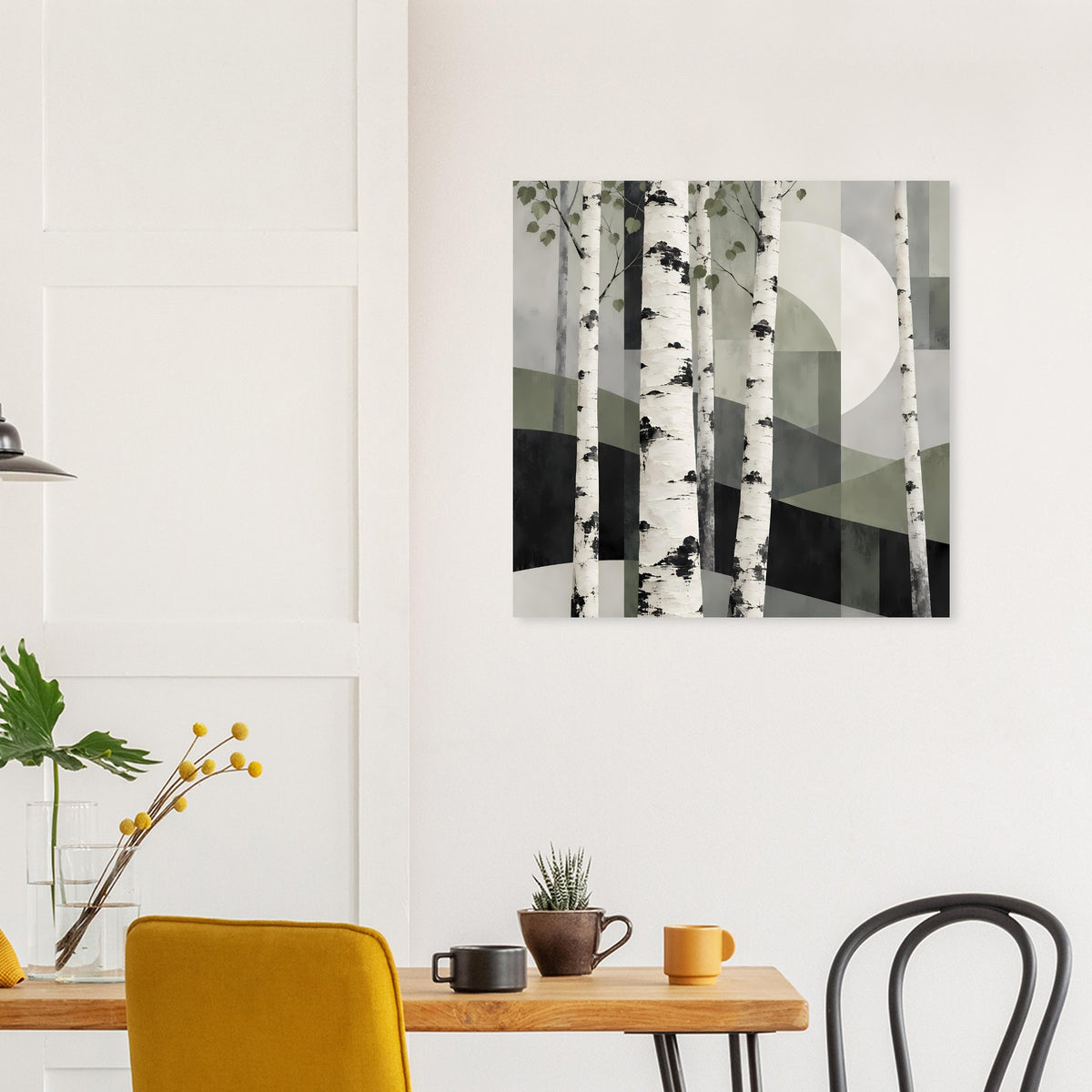 Naturposter mit abstrakten Birkenstämmen in sanften Erdtönen, inkl. rundem Kreis-Element