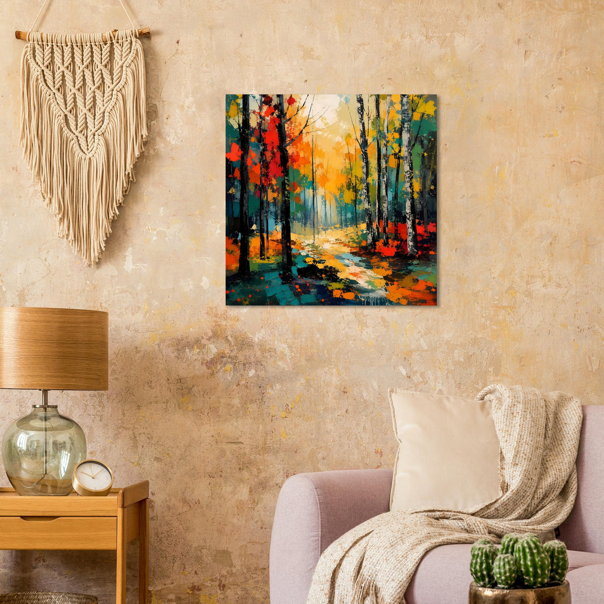 Quadratisches Wandposter mit abstraktem Herbstwald, orange-gelben Farben und Bäumen
