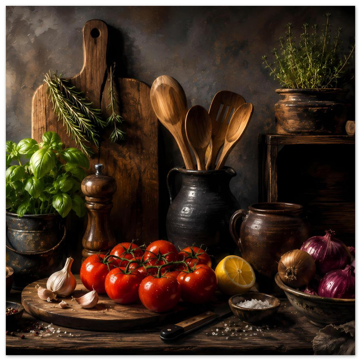Küchenmotiv-Poster: Tomaten auf Holzbrett, Utensilien im Krug, Zwiebeln und Kräuter
