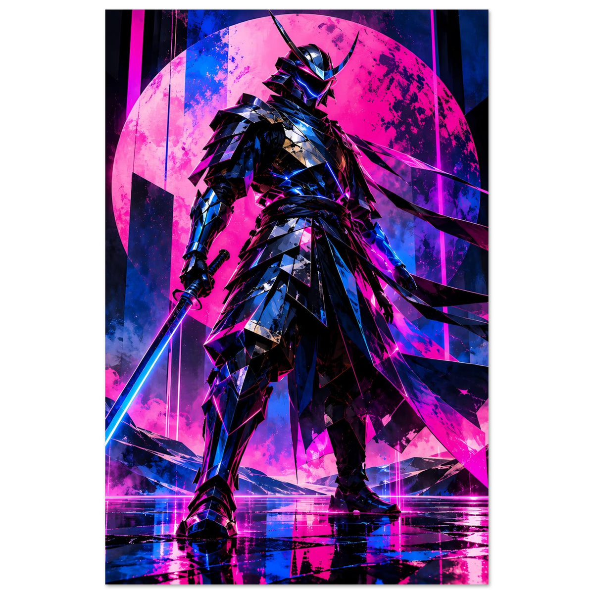 Poster Hochformat: futuristischer Samurai-Krieger, Neon-Pink und Blau, Rüstung im Fokus