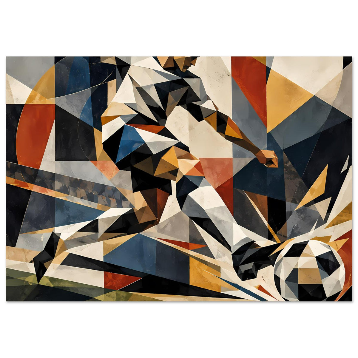 Abstraktes Fußballspieler-Poster mit Ballmotiv rechts, blockige Dreiecke in Schwarz, Blau und Rot
