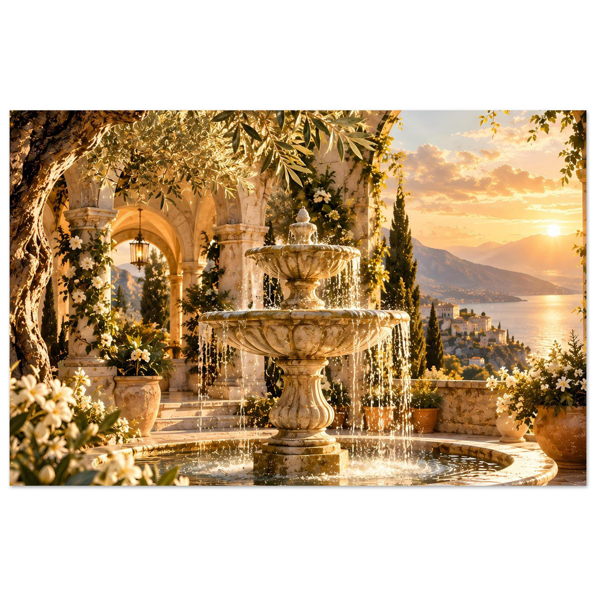 Poster mit mediterranem Springbrunnen, Wasserfontänen, goldenen Blättern und Abendhimmel