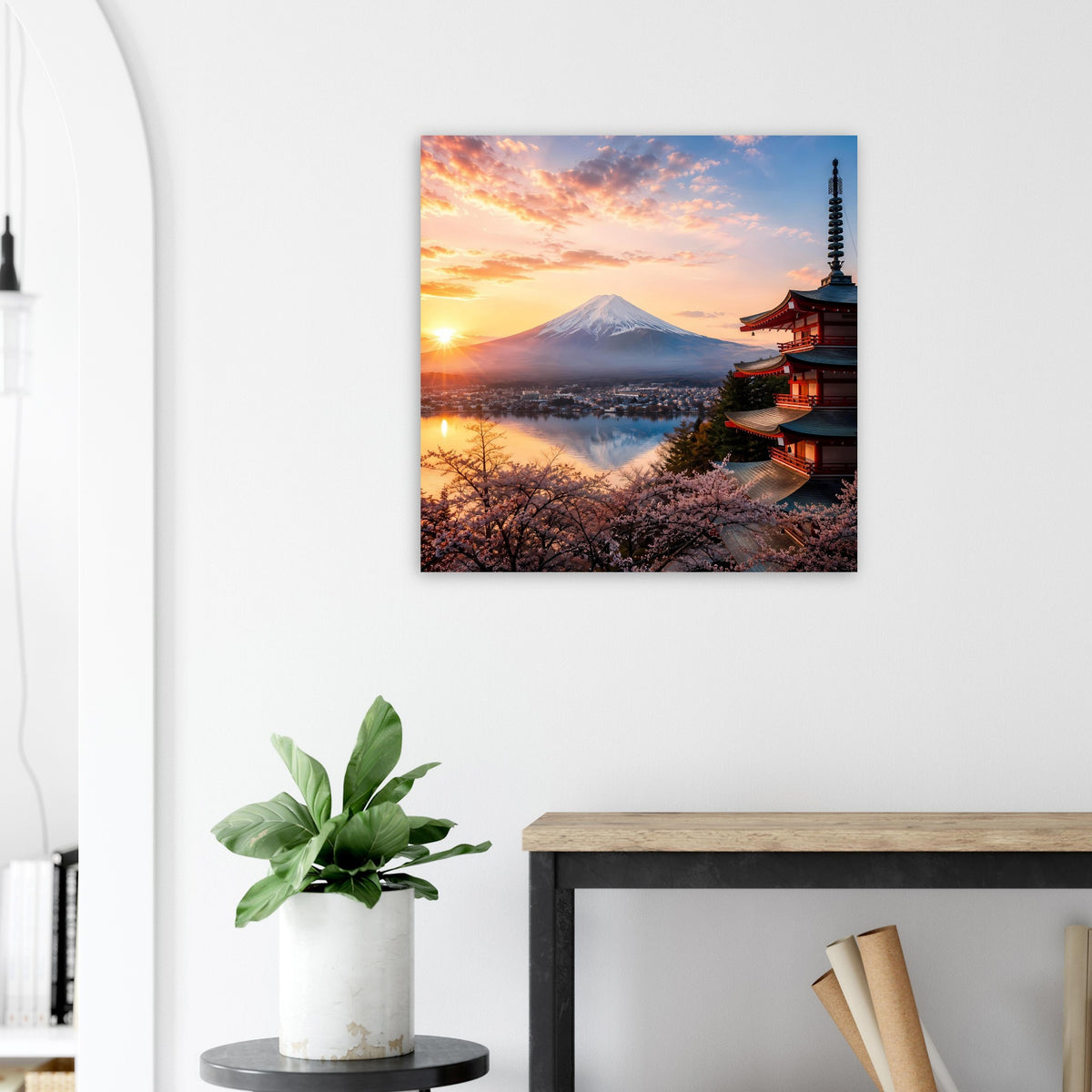 Japanisches Landschaftsposter mit Fuji und Pagode, Kirschblüten im Sonnenuntergang