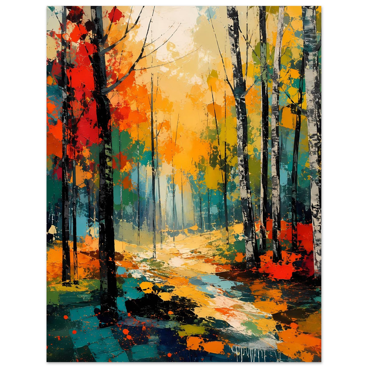 Herbstwald-Poster, Hochformat: farbige Bäume, sonniges Licht, Weg mit Spritzern