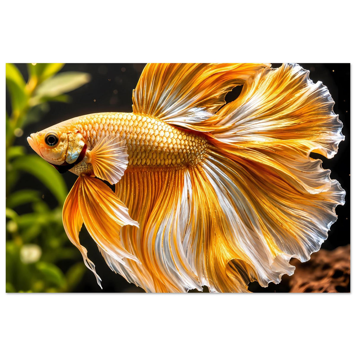Posterdruck mit goldenem Betta-Fisch, kräftig leuchtende Flossen, Querformat