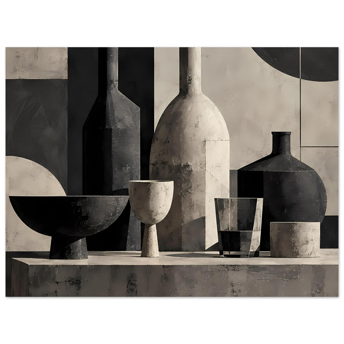 Still-Life-Poster mit Flaschenreihe und Bechern auf einer kontrastierenden Sockelwand