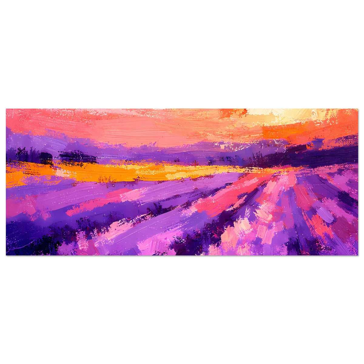 Horizontales Poster: Lavendelfeld mit tiefem Violett, orange-rosa Himmel und hellem Sonnenkreis