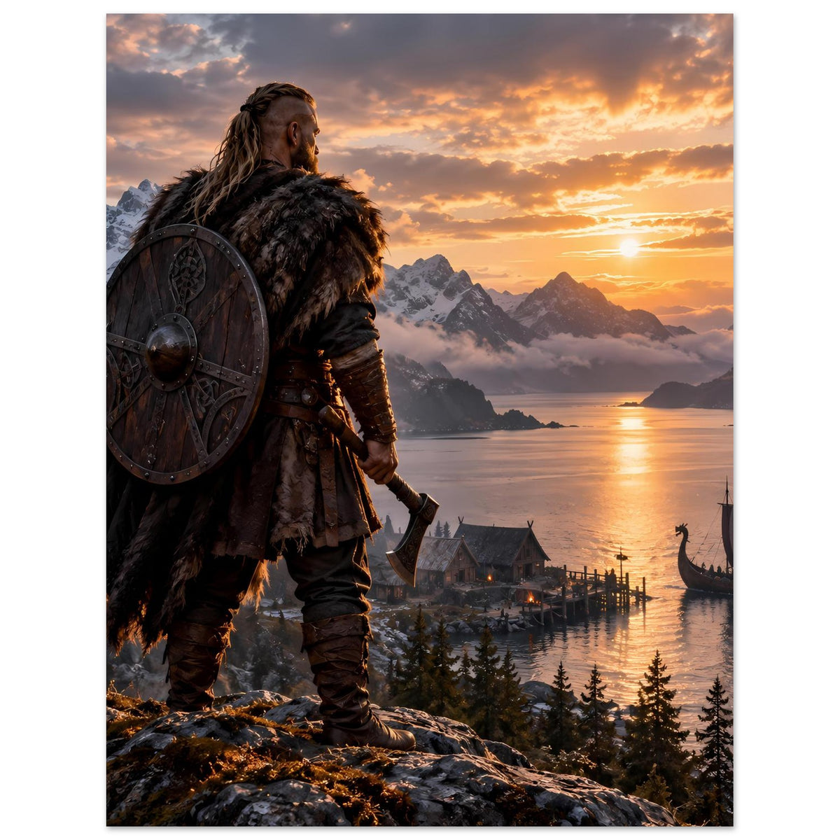 Wikinger-Poster im Hochformat: Krieger mit Rundschild, goldener Sonnenuntergang über Wasser und Boot