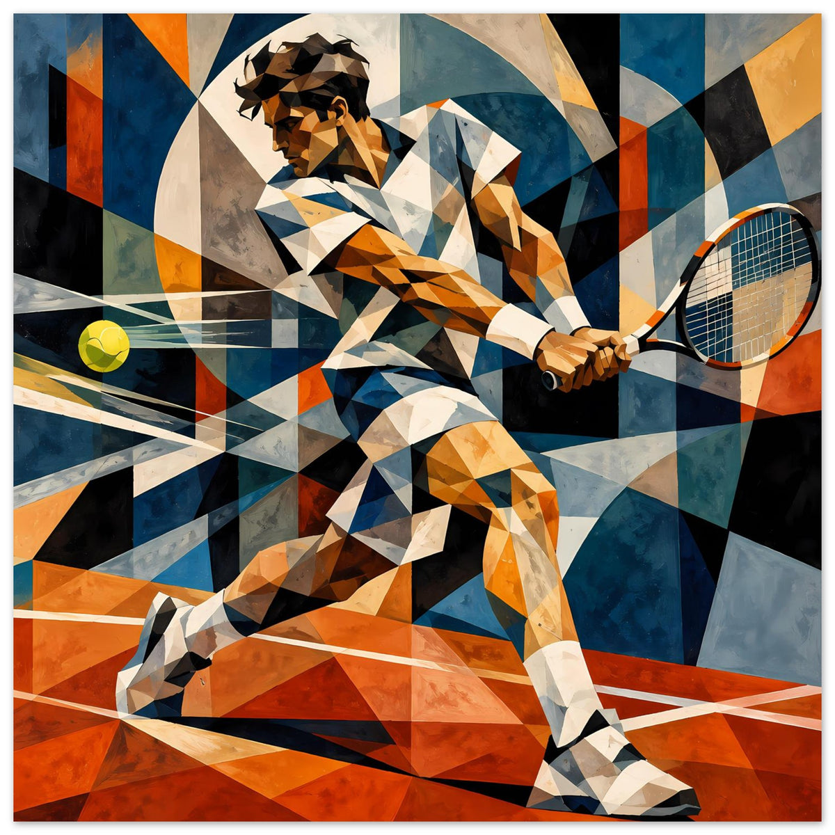 Kunst-Poster im Querformat: abstrakte Tennis-Spielerin, Schläger rechts, Ball links