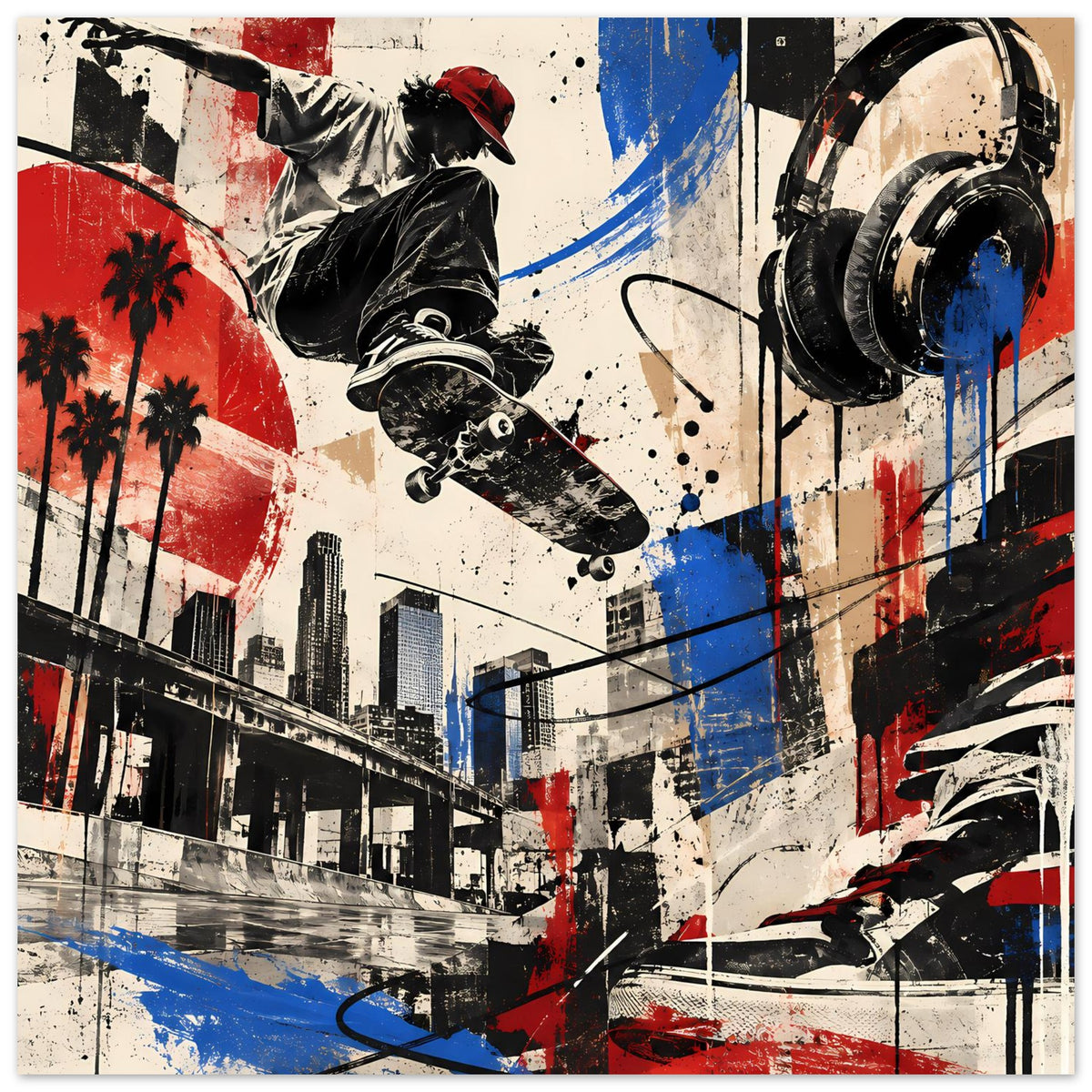 Urban-Skateboard-Vibes-Poster: Skateboarder in Schwarz, bunte Spritzer und Stadtarchitektur, quer