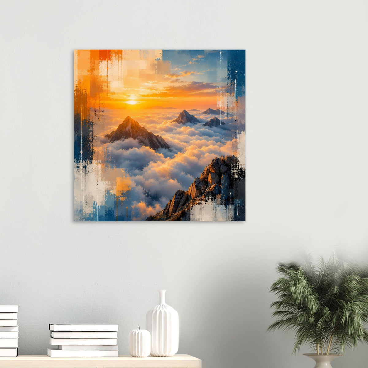 Quadratisches Landschaftsposter mit Sonnenaufgang über Berggipfeln und Wolkenmeer, orange-blau