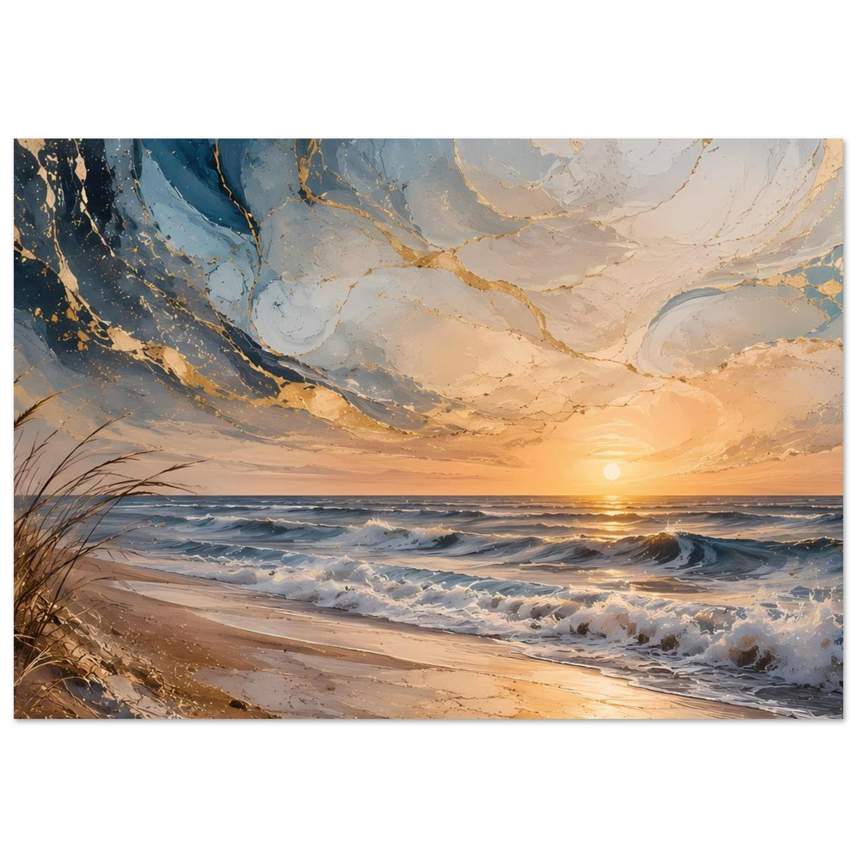 Meer- und Strandposter mit goldener Dämmerung, dunkle Wellen und ruhige Küstenlinie