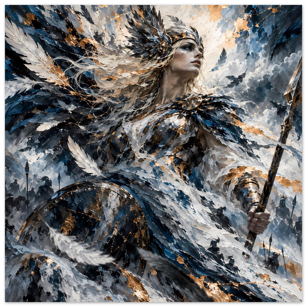 Kunstposter im Querformat: Valkyrie-Kriegerin mit Federflügeln und Schwert