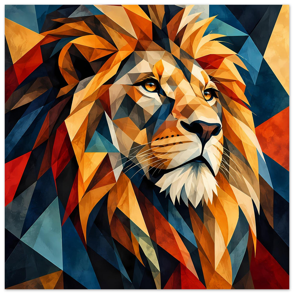 Geometrisches Löwenposter in kräftigen Farben, Löwe frontal mit polygonaler Mähne.
