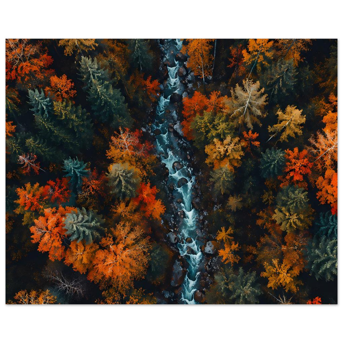 Herbstliches Flusswald-Poster im Querformat mit blauem Fluss zwischen grünen und orangefarbenen Tannen