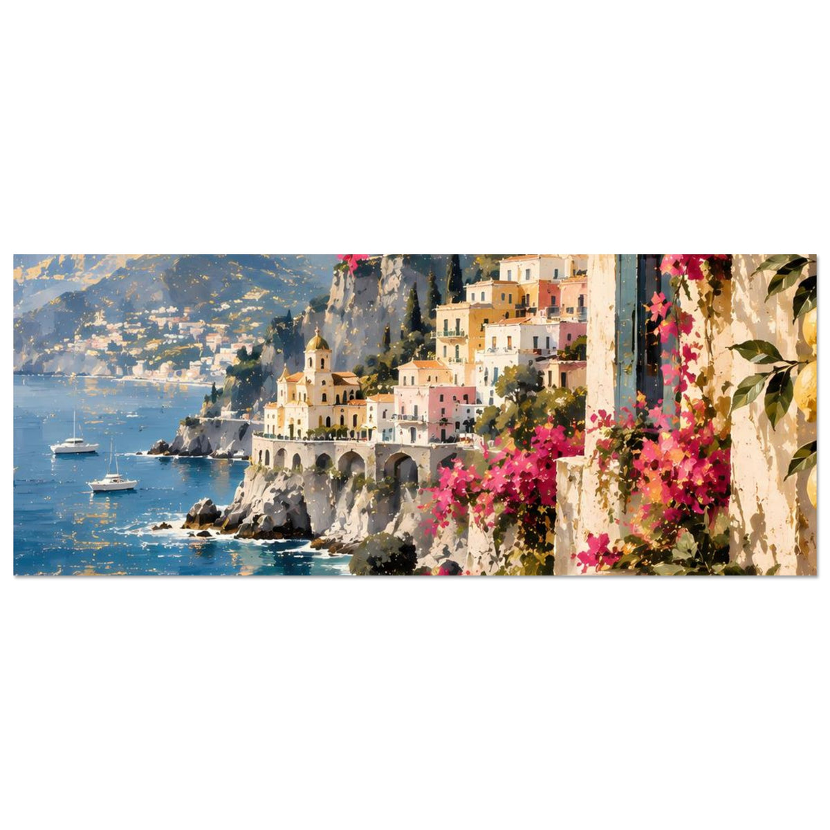 Mediterranes Küstenposter (horizontal): Küstenlinie mit Booten, Felsen und blühenden Ranken.