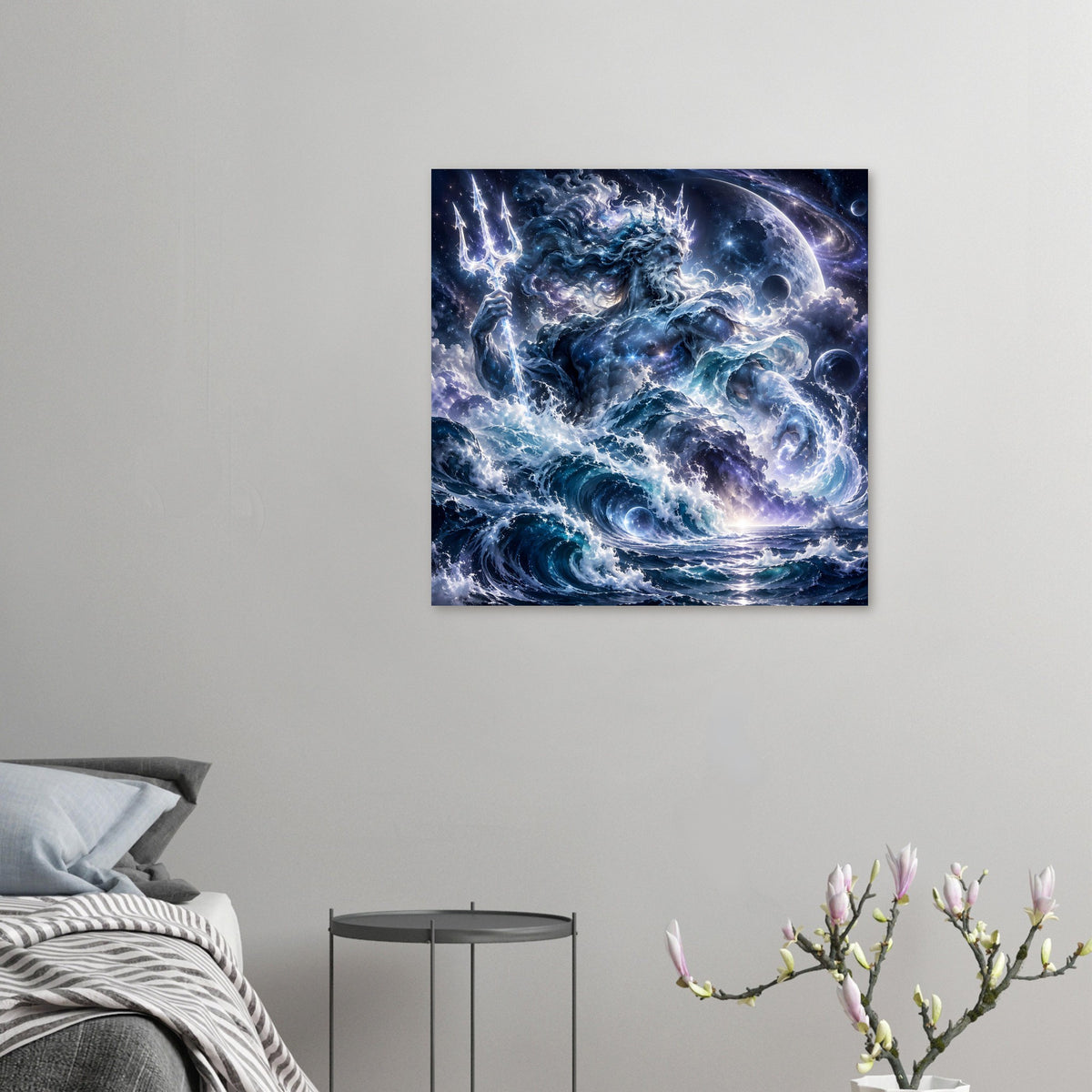 Wandposter im Quadratformat: Ozeangott mit leuchtendem Dreizack, blaue Wellen