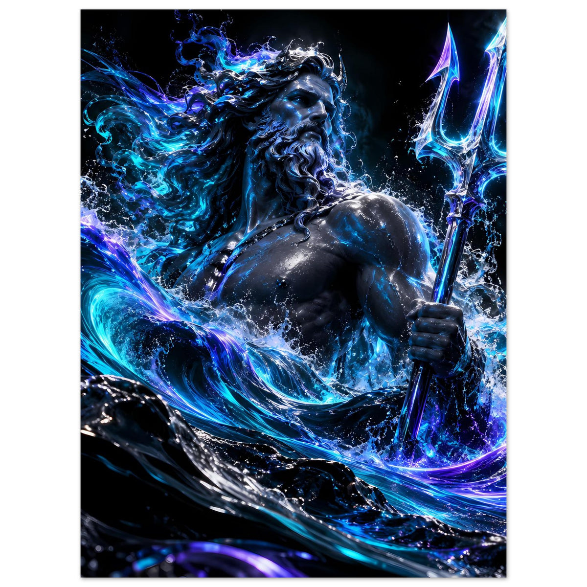 Hochkant-Poster mit Poseidon: Dreizack in Blau, flutartige Energie über dem Körper