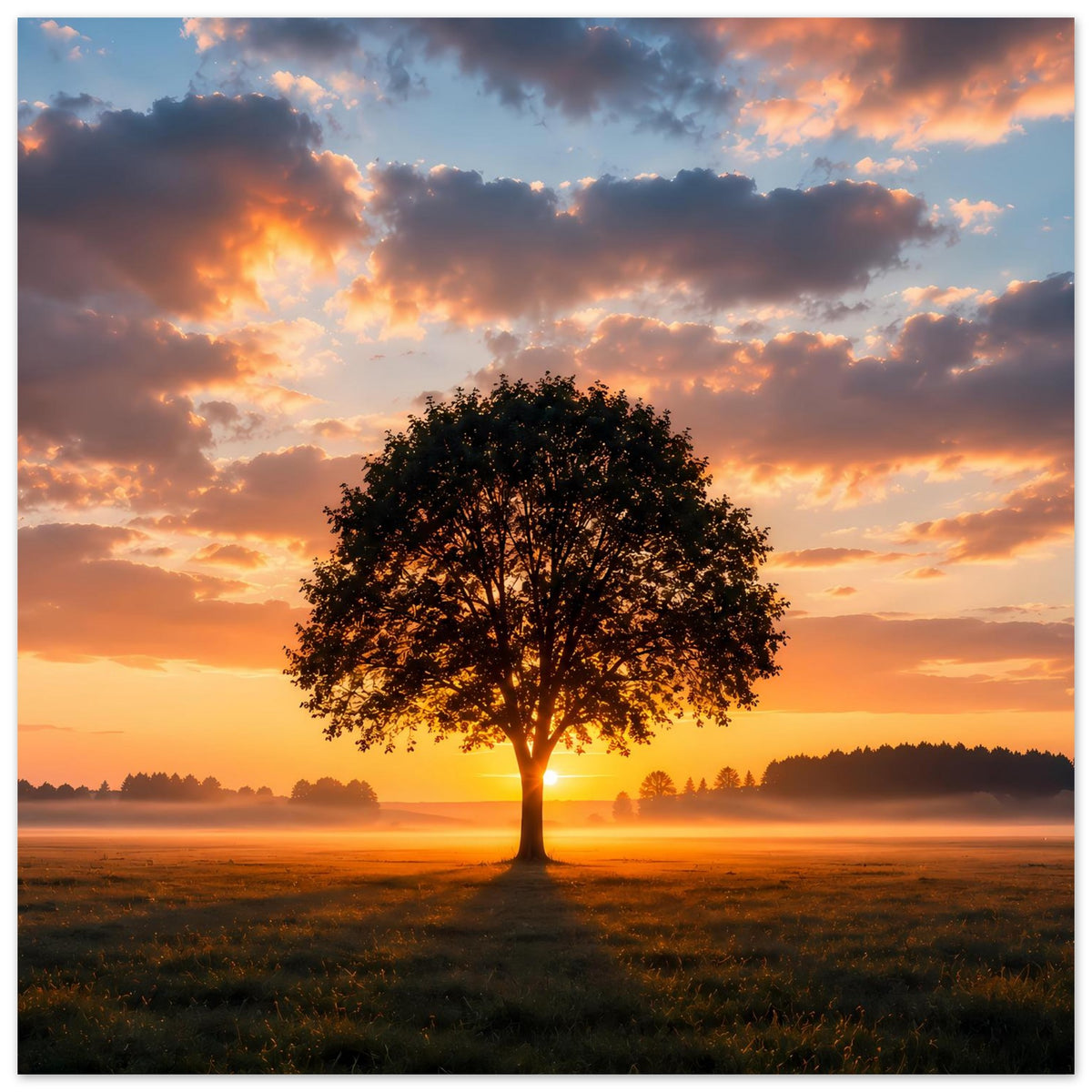 Baum-Poster im Hochformat: Baum in der Mitte, dramatische Wolken über dem Feld