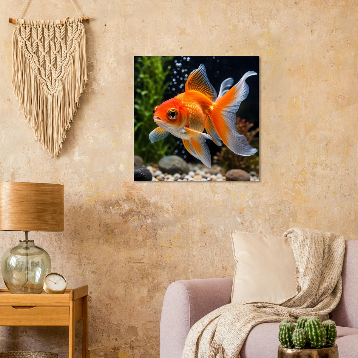 Goldfisch-Poster mit orangefarbenem Fisch und weißen Flossen, quadratisch gerahmt
