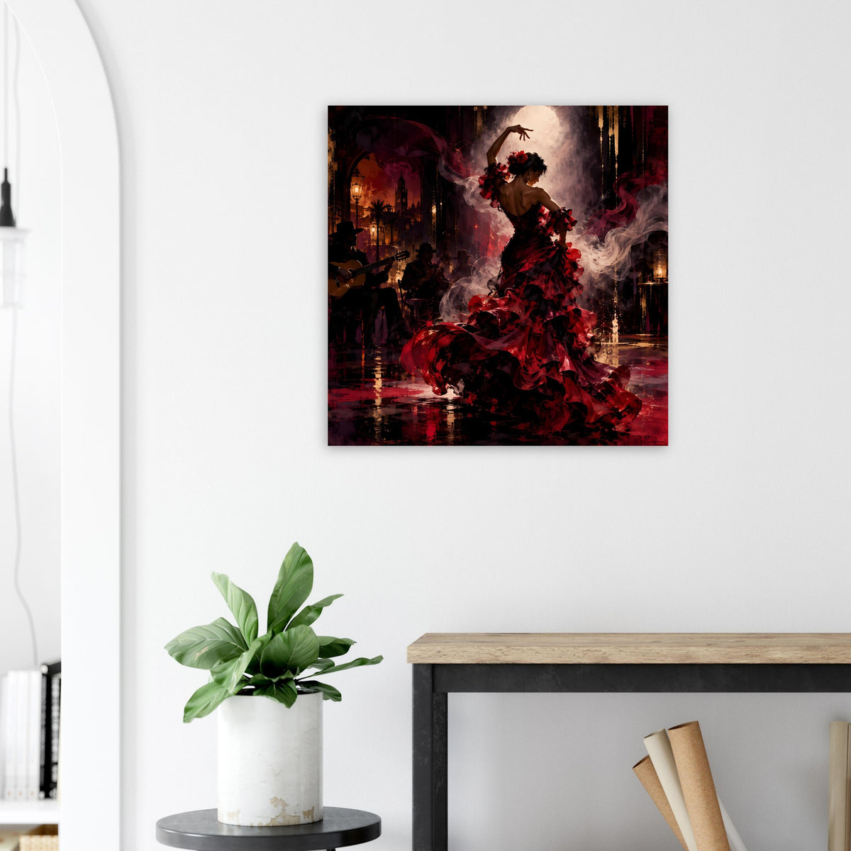 Wandposter der Flamenco-Tänzerin: rotes Kleid, dramatischer Rauch, dunkle Farbflächen